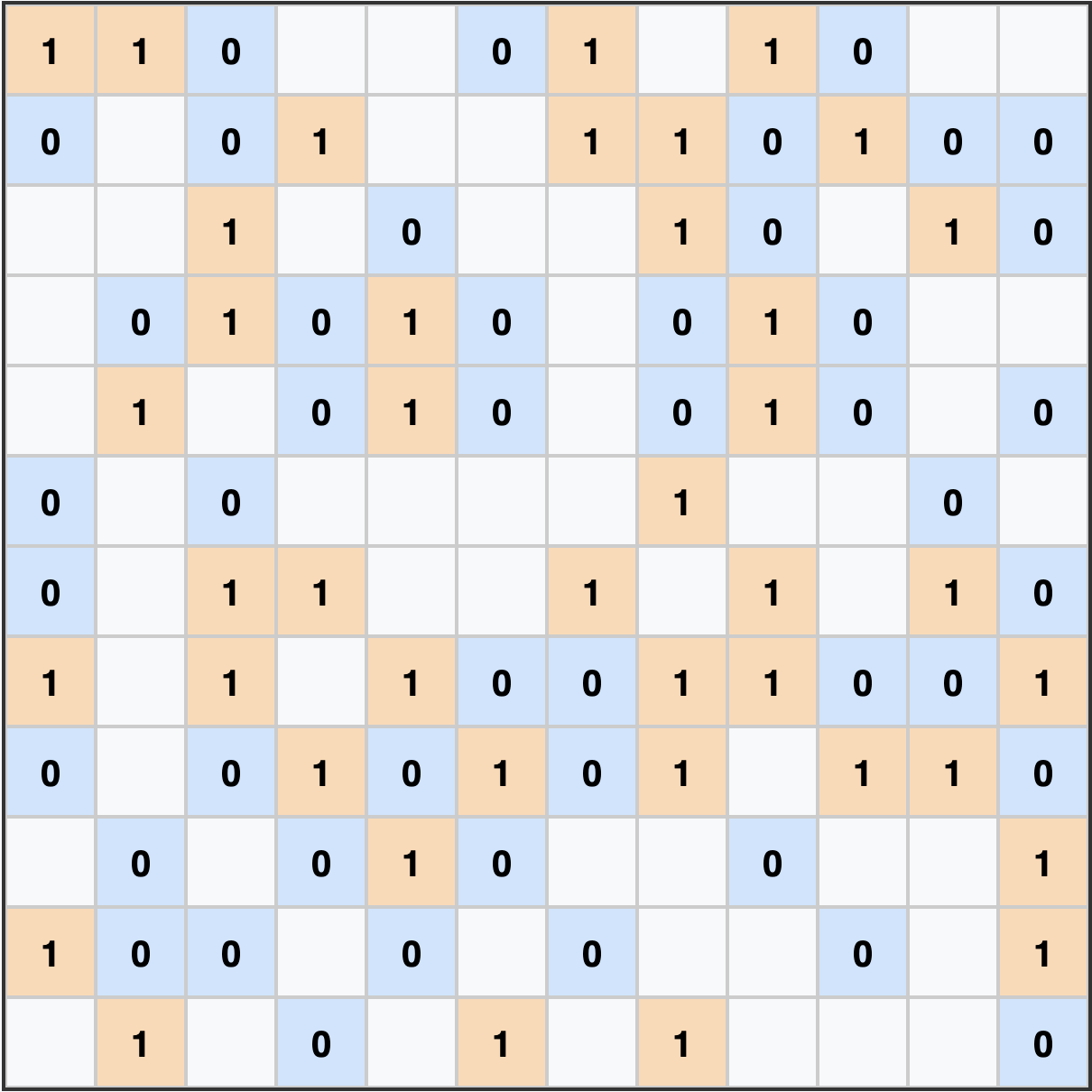 Example of a 12x12 binary puzzle using colors