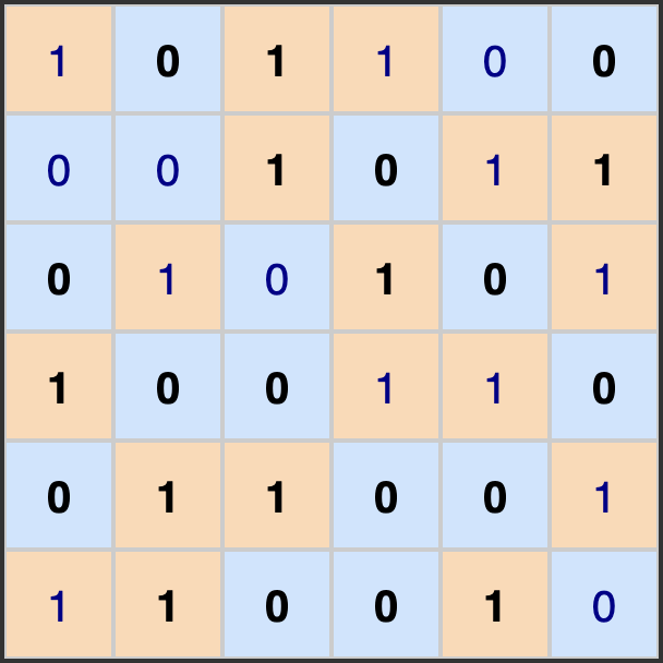 Example of a fully completed binary puzzle using colors