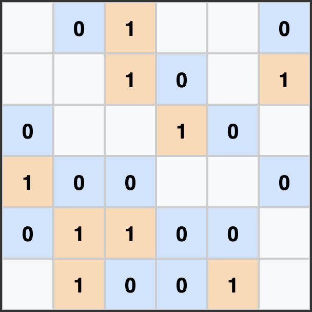 Example of a 6x6 binary puzzle using colors